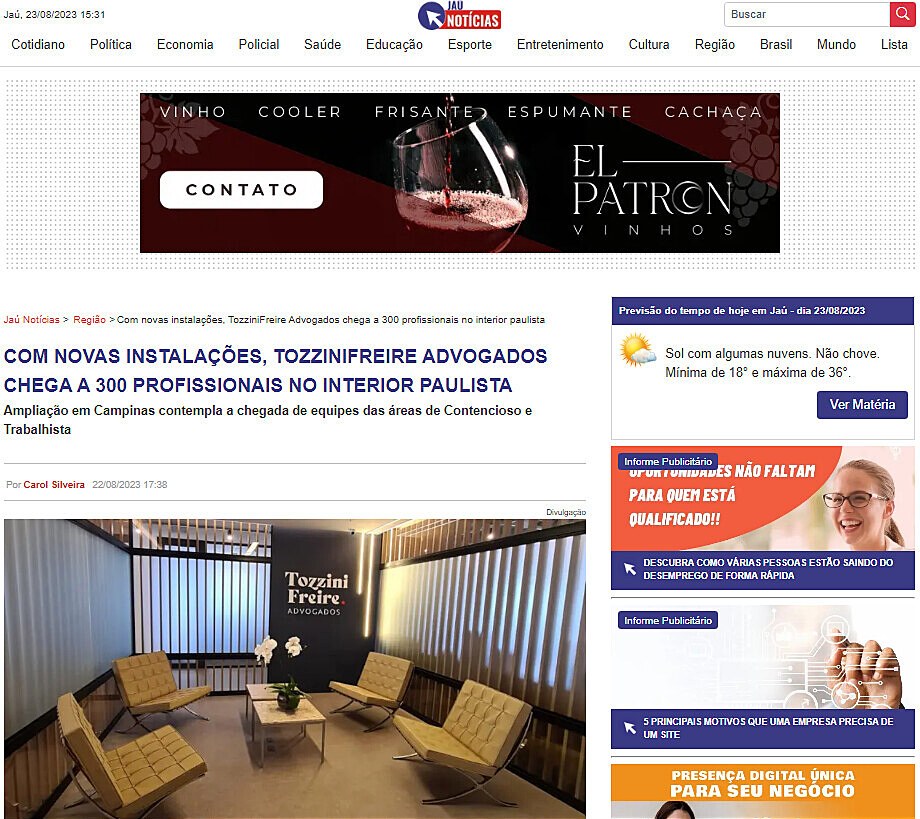 Com novas instalaes, TozziniFreire Advogados chega a 300 profissonais no interior Paulista